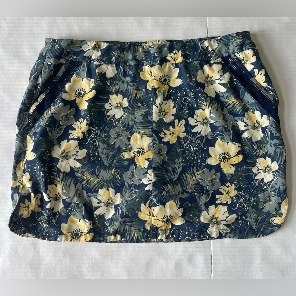 DB Sunday Hawaiian Floral Skort Blue Yellow Pockets Stretch Tennis Golf Size Lg